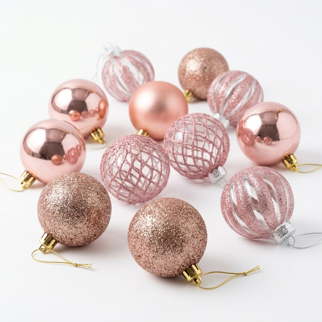 Rose Gold and Blush Pink Christmas Tree Baubles Set