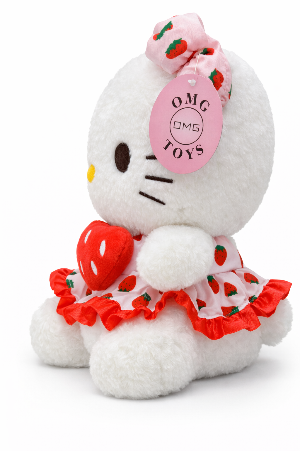 Hello Kitty wearing a strawberry-themed outfit