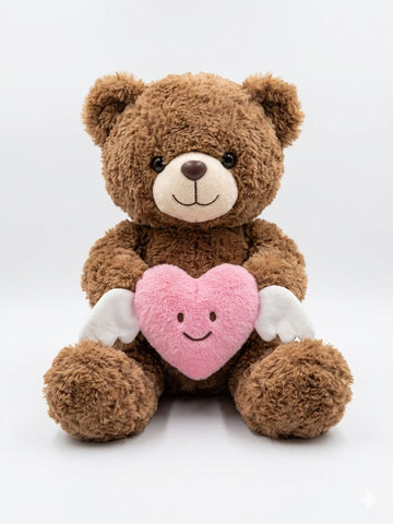 28CM Plush teddy bear with a pink heart featuring a smiley face and small white wings