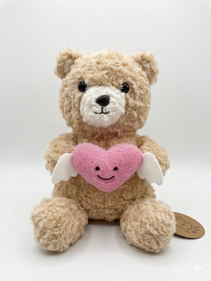 28CM Plush teddy bear with a pink heart featuring a smiley face and small white wings