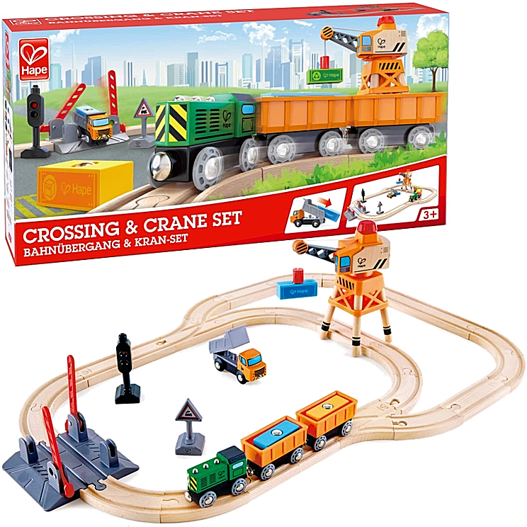 Hape Crossing & Crane Set – 32-Piece Wooden Railway Playset