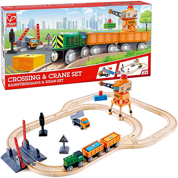 Hape Crossing & Crane Set – 32-Piece Wooden Railway Playset