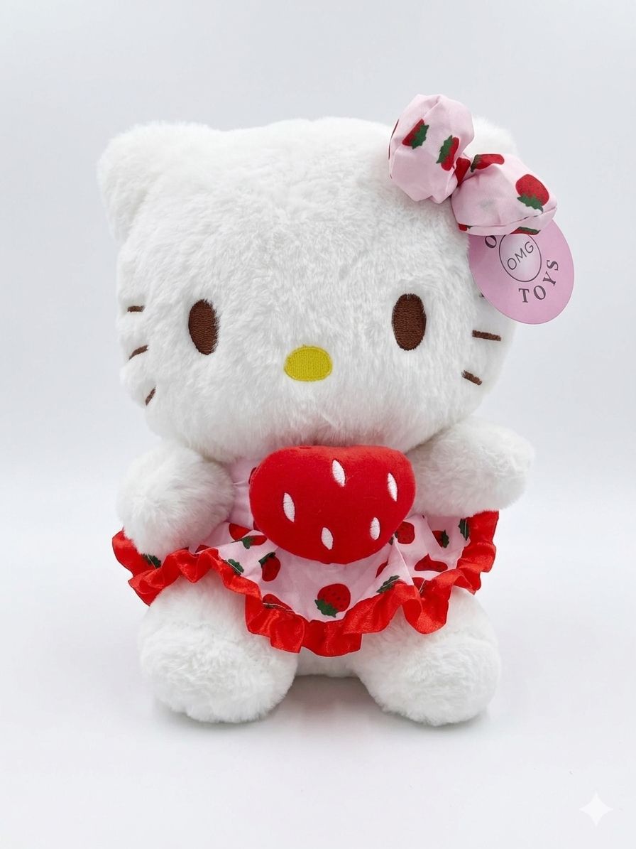 Hello Kitty wearing a strawberry-themed outfit