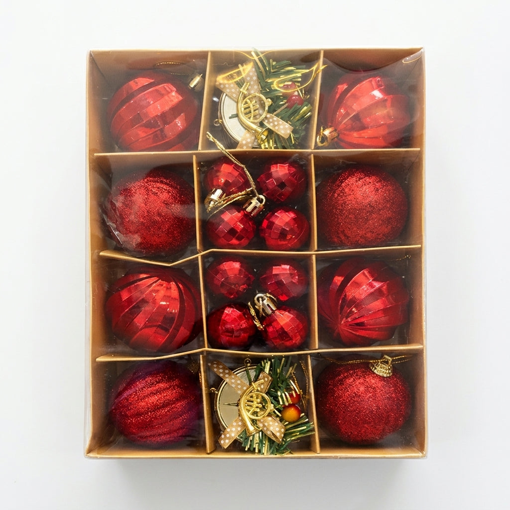 Red Christmas Tree Ornaments and Decorative Baubles Set