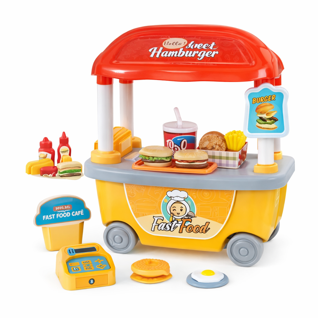 🍔 Toys Burger Stop Cart Playset – Kids Pretend Fast-Food Shop