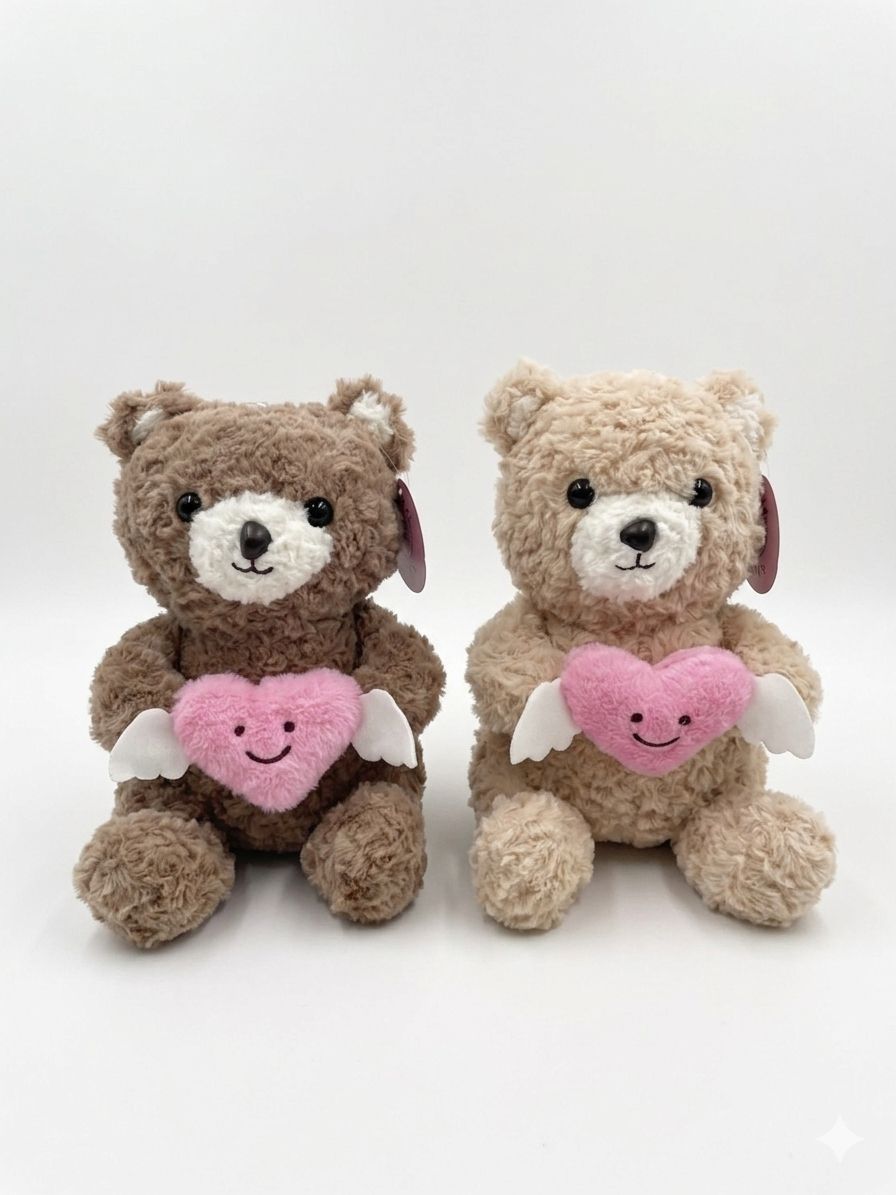 28CM Plush teddy bear with a pink heart featuring a smiley face and small white wings
