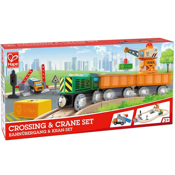 Hape Crossing & Crane Set – 32-Piece Wooden Railway Playset