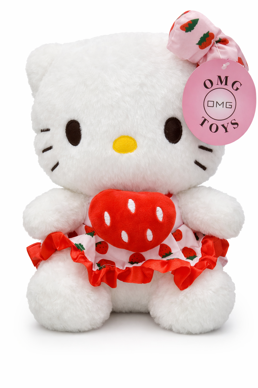 Hello Kitty wearing a strawberry-themed outfit