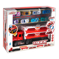 
              2-in-1 Alloy Car Transport Truck & Race Track Playset
            